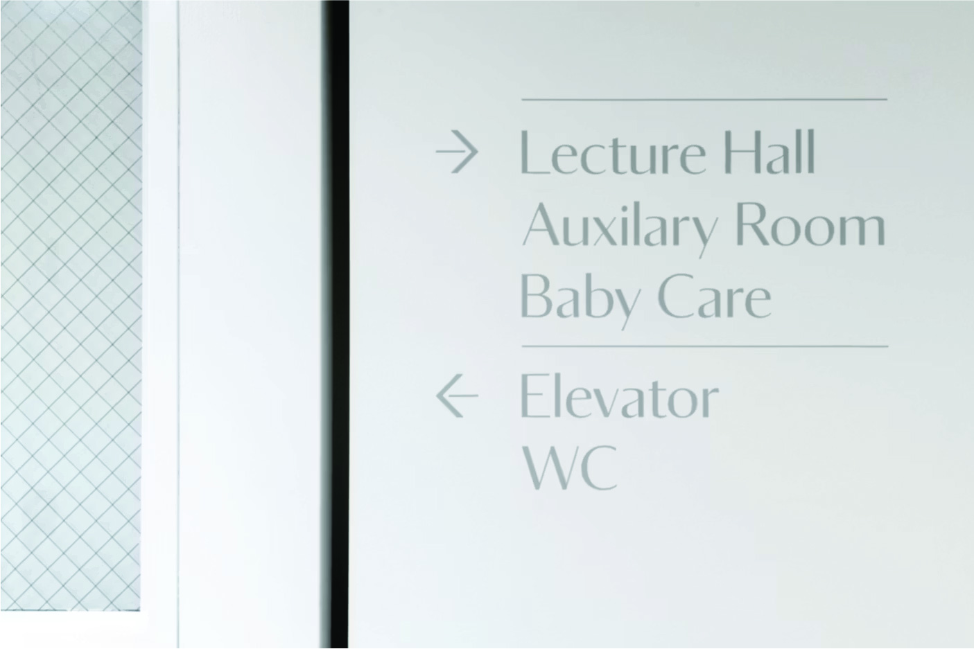 Lecture Hall / Auxilary Room / Baby Care / Elevator / WC directional